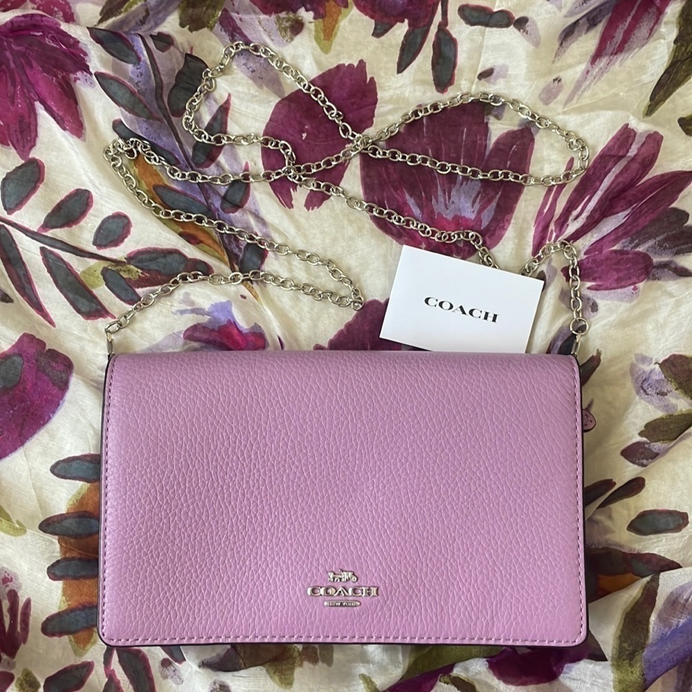 Brand New Coach Genuine Leather Foldover Clutch Crossbody Chain Purse Purple - Picture 16 of 16